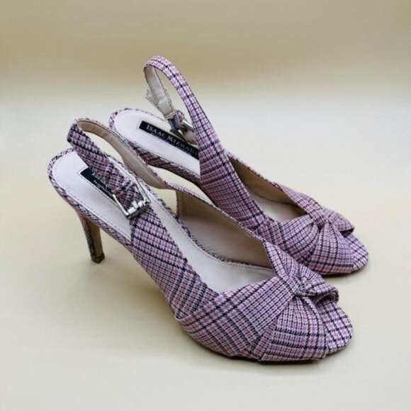 Isaac Mizrahi Plaid Slingback Peep Toe Heels Size 9 - Picture 1 of 6